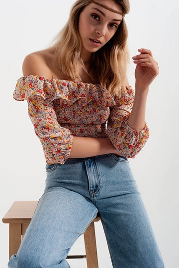 Shirred Off the Shoulder Top with Ruffle in Coral Floral